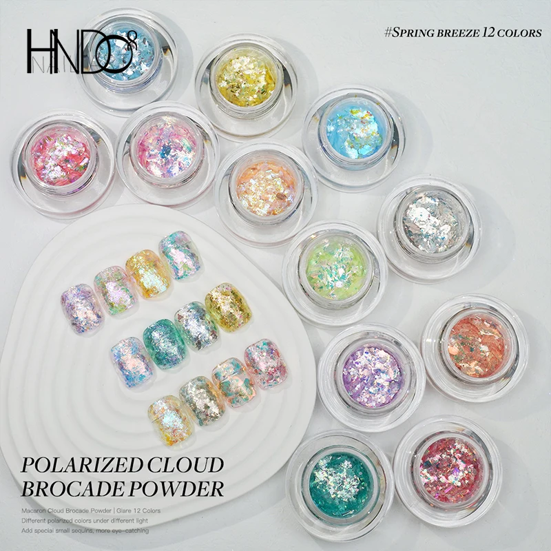 HNDO 12 Colors Irregular Flakes Aurora Nail Opal Powder Glitter for Nails Professional DIY Sequins Powders Manicure PN Series