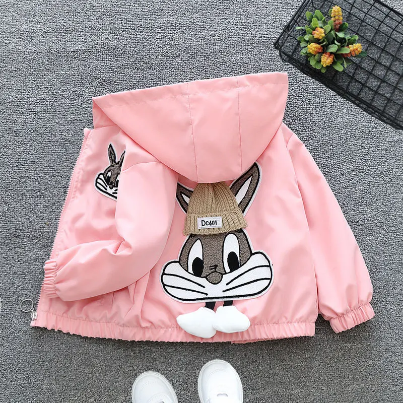 2-12 Years Cute Spring Autumn Girls Coats 2024 New Cartoon Rabbit Print Hooded Windbreaker For Kids Leisure Overcoat