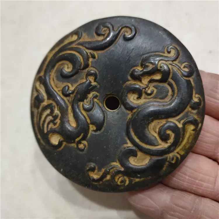 Hongshan Culture Archaize Black Iron Meteorite Dragon Phoenix Peace Buckle Statue