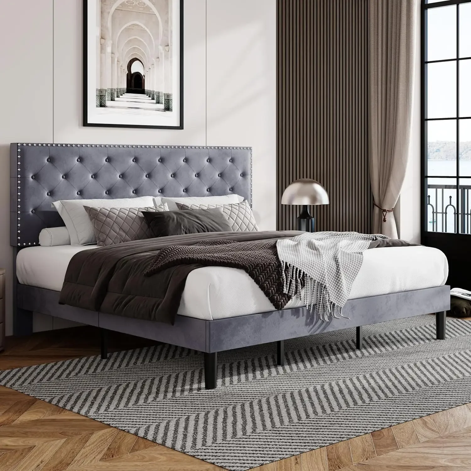 

King Bed Frame, Velvet Upholstered Platform Bed with Adjustable Diamond Button Tufted & Nailhead Trim Headboard, Wood Slat Suppo