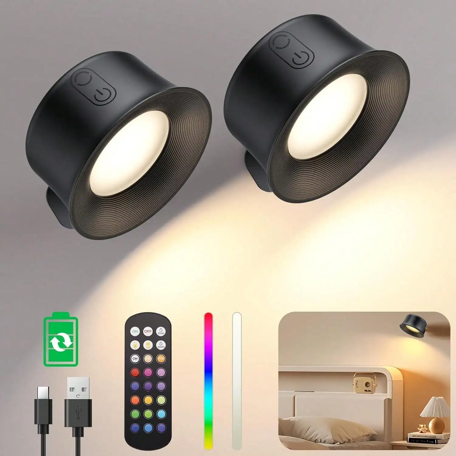 2Pcs Removable RGB LED Rechargeable Adhesive Magnetic Wall Lights 15 Color Lighting 360° Rotation Touch with Remote Control