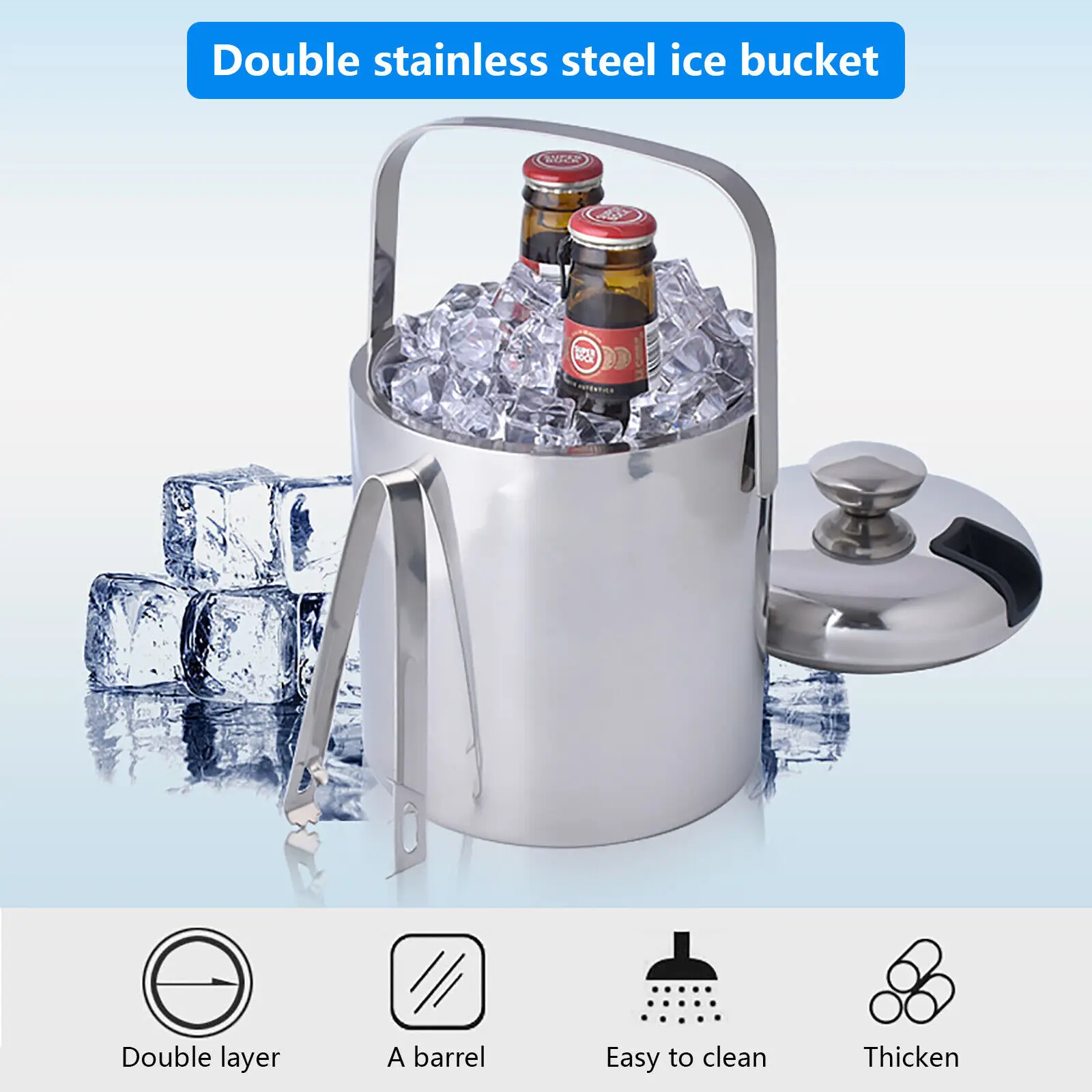 

ICE BUCKET Изолированная двойная стенка из нержавеющей стали с ручкой для щипцов крышки 1,3 л
