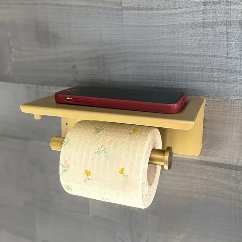 ブラッシュドローズゴールドトイレットペーパーホルダー携帯電話収納ラック壁掛けステンレス鋼バスルームアクセサリーブラックゴールド