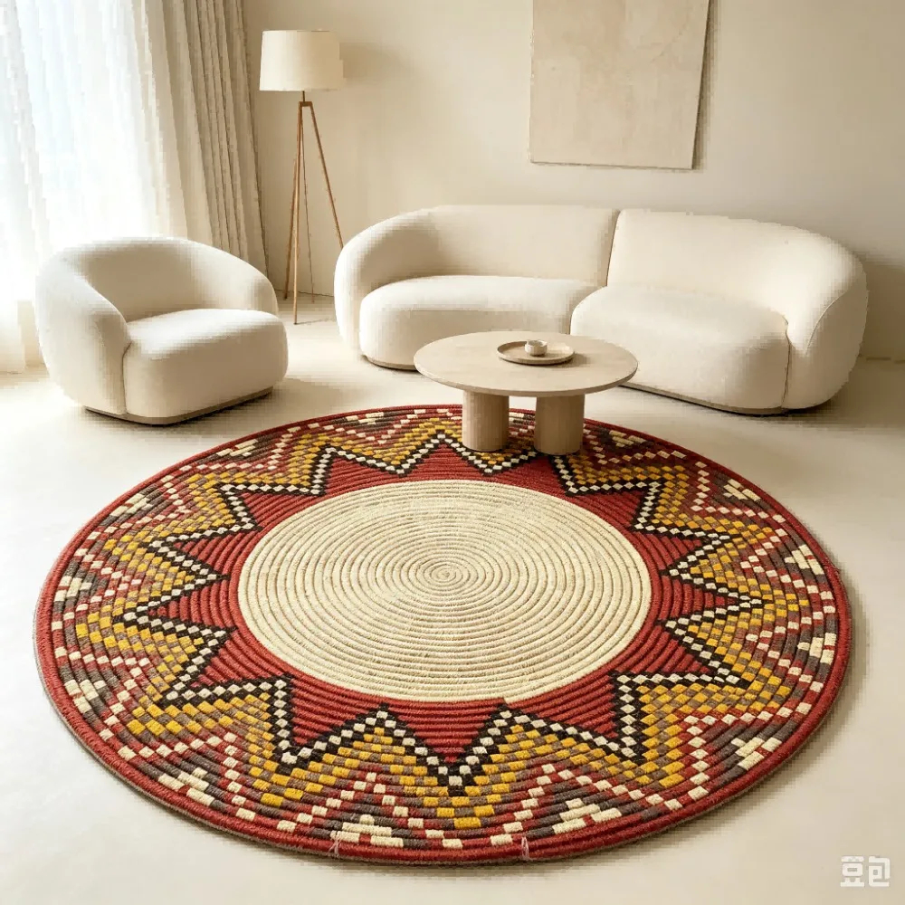 Circle Area Carpet Ethnic Mandala Geometric Pattern Rubber Backing Living Room Sofa Tea Table Entryway Round Salon Rug