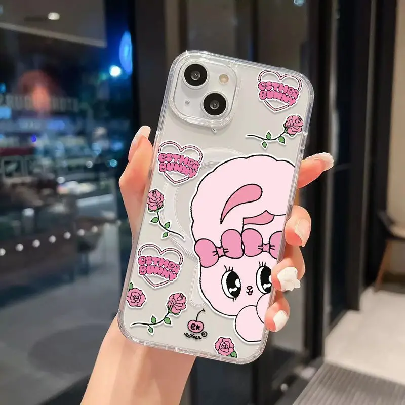 Magsafe Magnetic Ins Pink Rabbit E-Esthers Bunny Phone Case for Samsung Galaxy S25 S24 S23 S22 S21 Edge Plus Ultra 5G Soft Cover