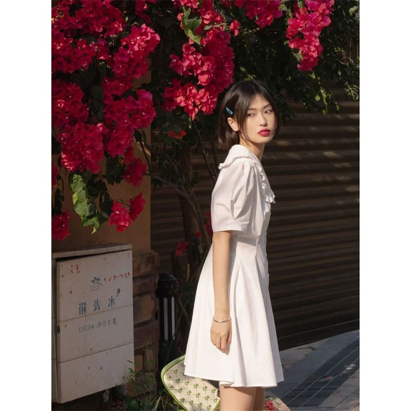 Dress Women Peter Pan Collar New Slim White Button Preppy Sweet Casual Elegant Student Female A-line Mini Shirt Dressss Summer