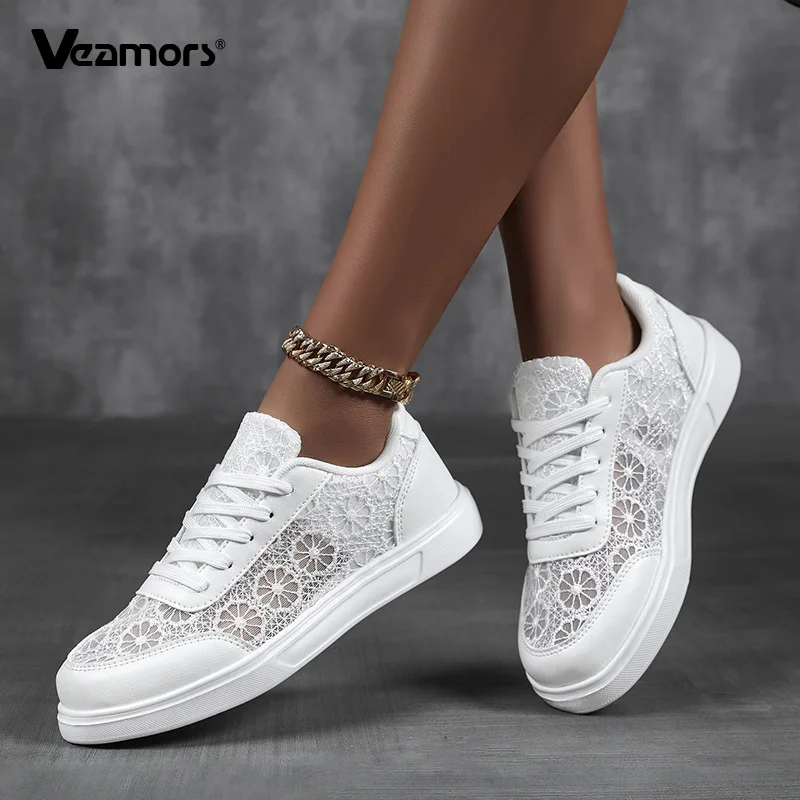 

White Lace Walking Shoes Women Breathable Mesh Casual Sneakers Fashion Hollow-out Daily Flats for Traveling Jogging