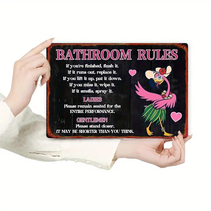 1pc, Fun Flamingo Bathroom Rules Metal Sign – Retro Farmhouse Style Wall Art, Pink & Black Humorous Toilet Decor Bathroom Decor