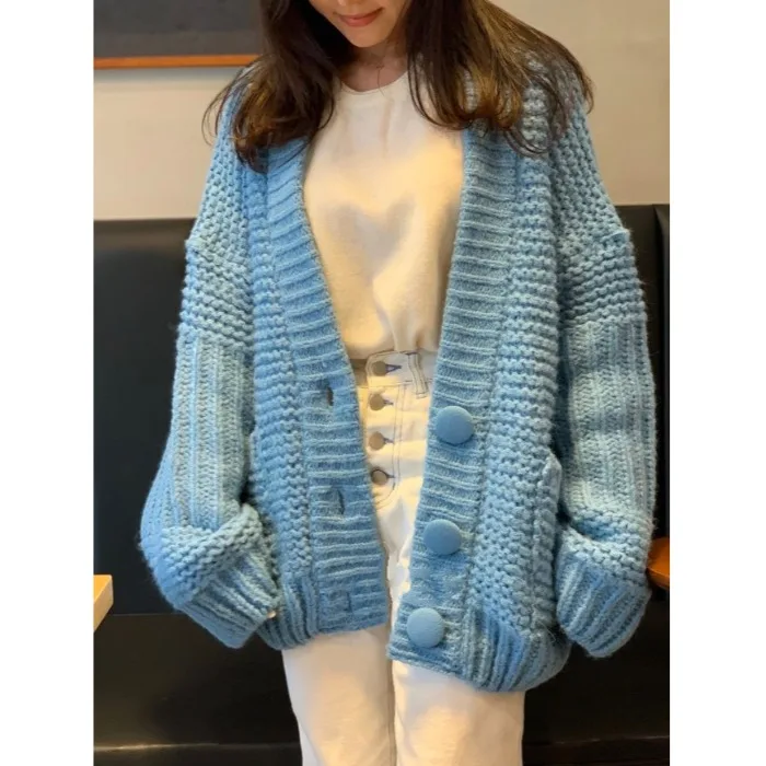 

Женский свободный вязаный свитер с массивной иглой, синий, с большими пуговицами, осень-зима, модная повседневная верхняя одежда, топ