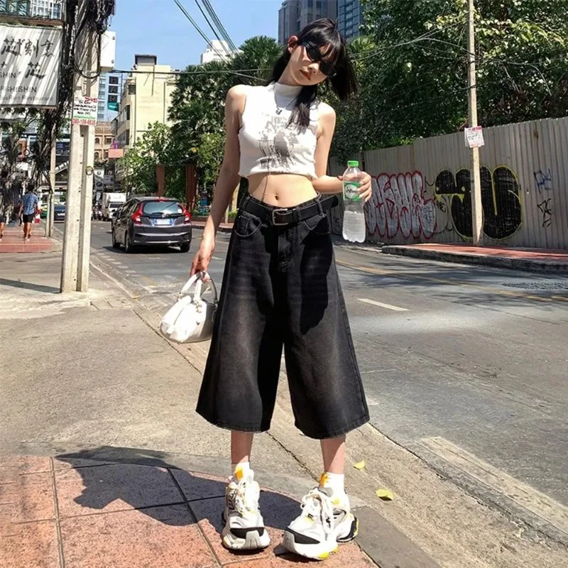 

Summer American Style Vintage Women Baggy Jeans Y2k Loose Washed High Waist Knee Length Denim Pants Streetwear Wide Leg Shorts