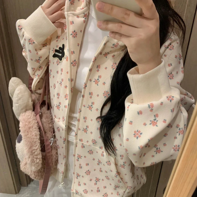 HOUZHOU Korean Fashion Sweet Hoodie for Women Flowers Print Oversize Zip-up Hooded Sweatshirts College Coquette Aesthetic Tops