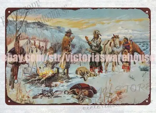 The Wolfer's Camp native Indian Charles Marion Russell metal tin sign the plaque