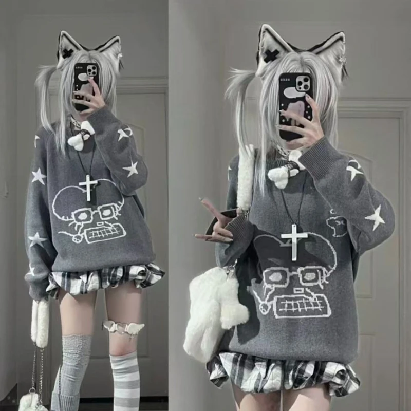 

Y2k субкультура свитер с длинными рукавами женский повседневный милый пуловер с круглым вырезом трикотаж Kawaii тонкий звездный принт весна осень лоскутное шитье