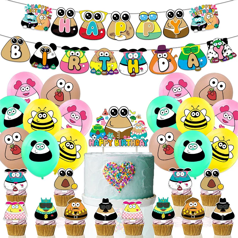 My Pet Alien Pou Birthday Party Supplies Cartoon Anime Peripheral Balloons Banner Toppers Invitation Card Decorative Accessories