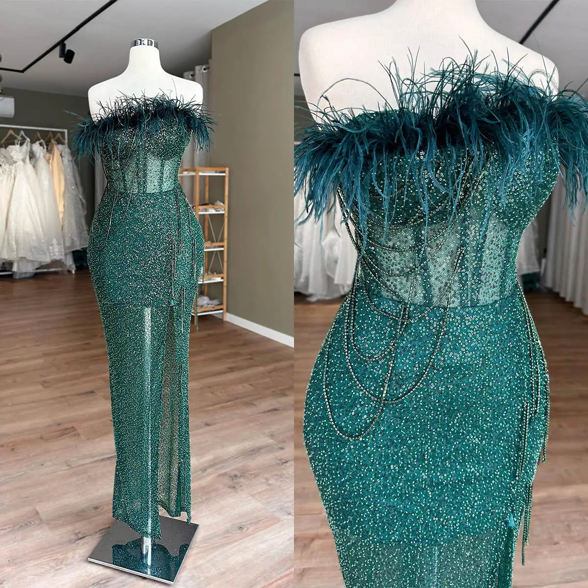 

Fashion Sheath Gown Prom Dresses Feathers Sequins Lace Party Dresses Front Split Plus Size Custom Size Colour vestidos de festa