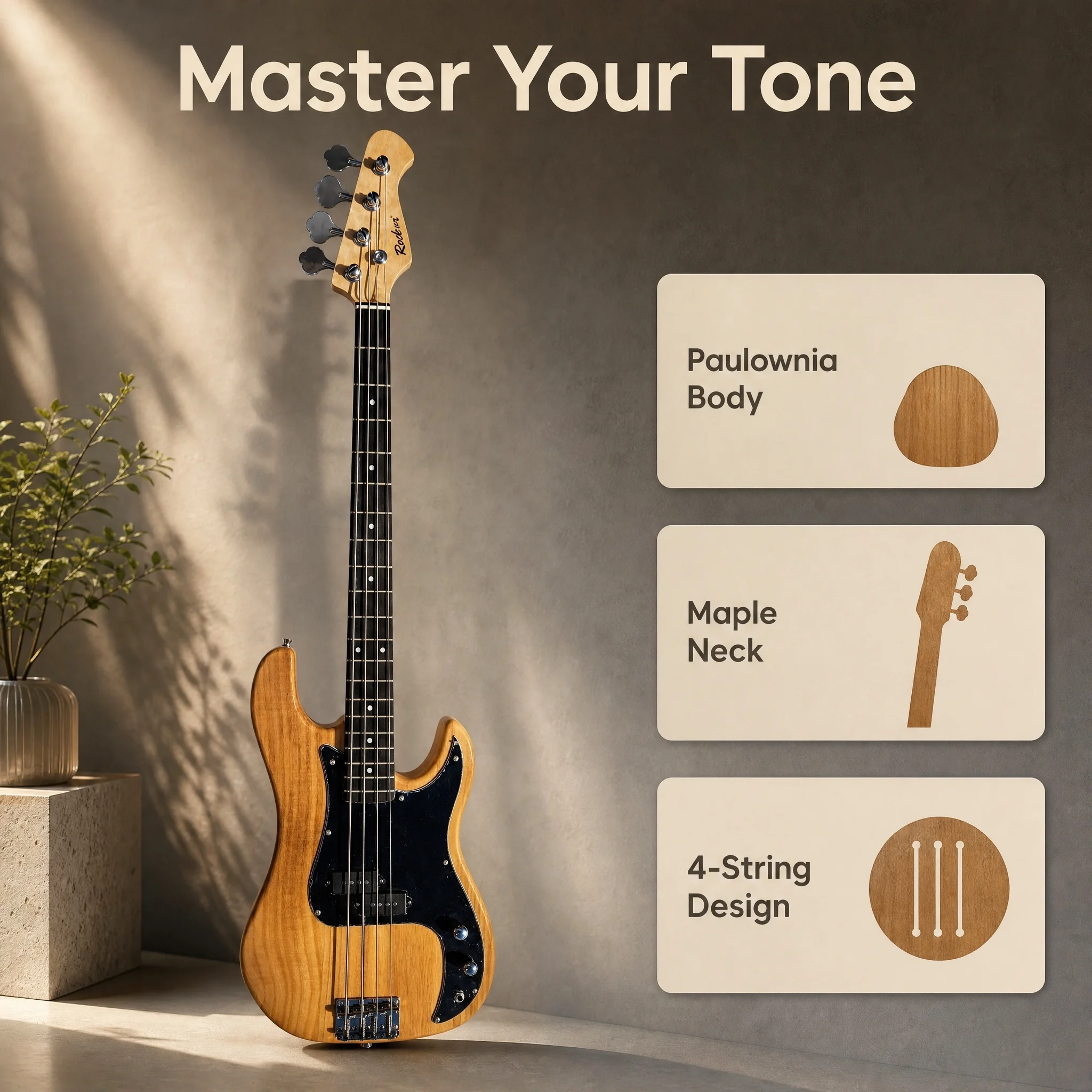 Vintage wood colored four string electric bass, classic P-type electric bass, professional rock performance