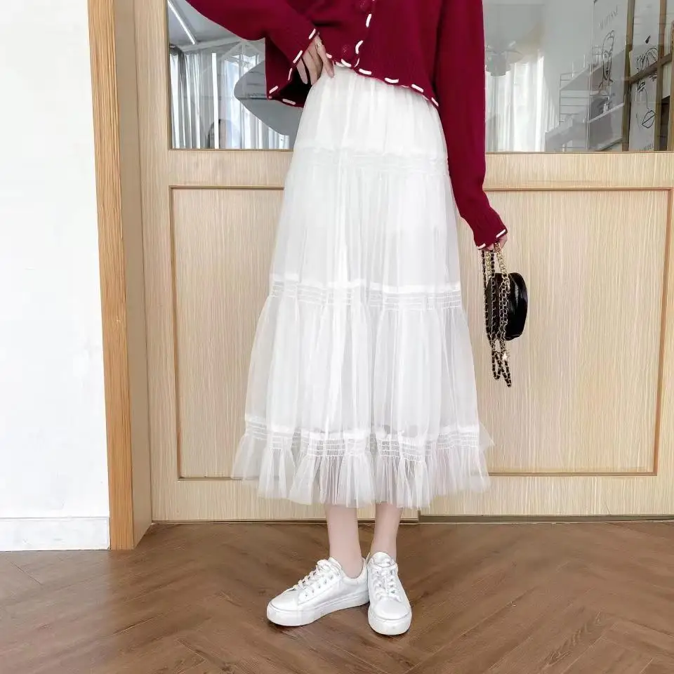 

Women's Vintage Gothic Black and White Pleated Long Tulle Skirt, Tutu, High Waisted, Runway, Soft Mesh Skirts, 2025