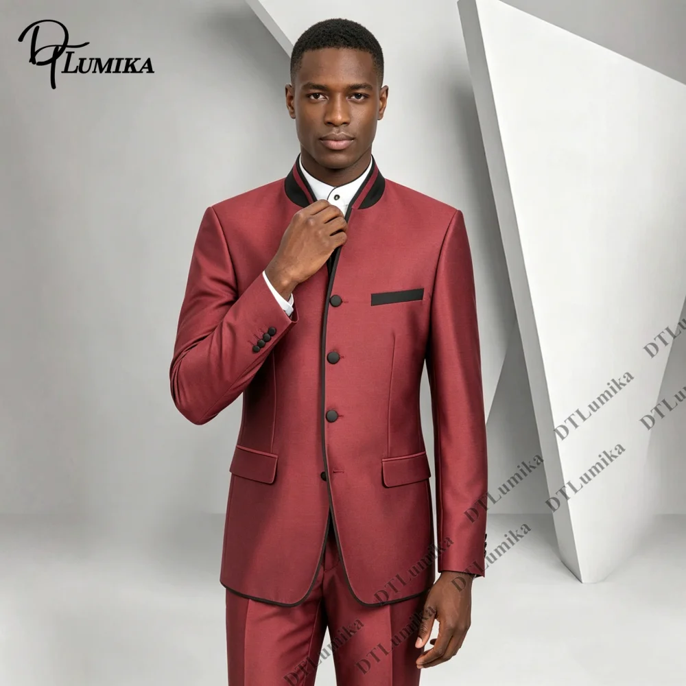 Two Piece Formal Suit Set with Stylish Stand Collar Delicate Black Contrast Piping Wedding Suit for Groom Minimalist Fomal Suits