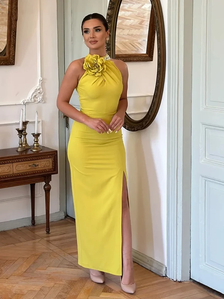 Sexy Halter Crystal 3D Flower Long Dress Women Yellow Shiny Diamonds O Neck Sleeveless Split Slim Dresses Evening Party Occasion