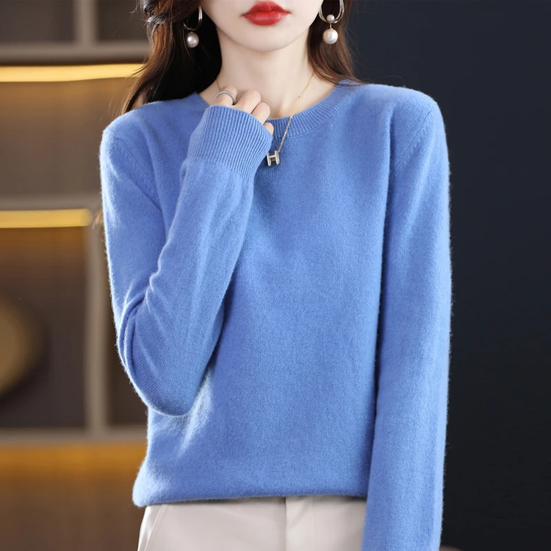 100% autumn and winter new pure woolen sweater women\'s knitted bottoming shirt round neck cashmere sweater foreign style Joker.