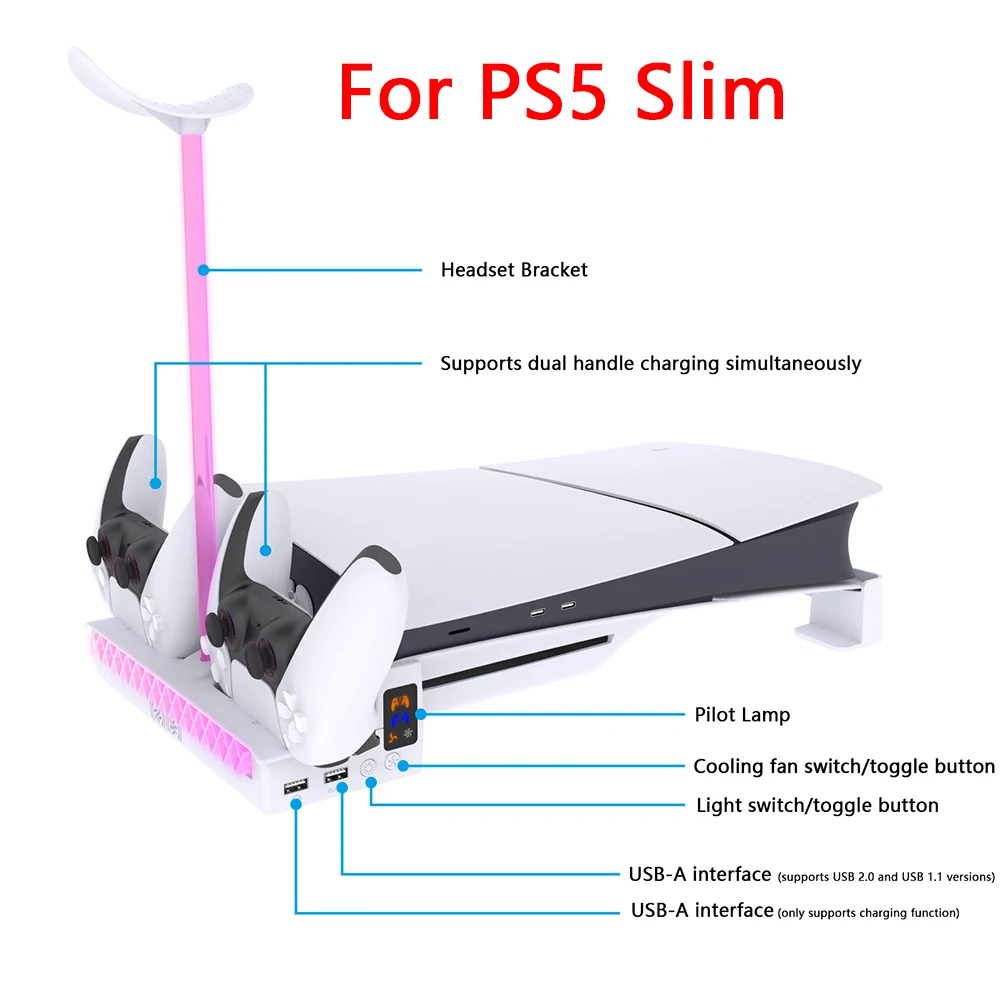 Multifunctional Cooling Fan With RGB Light Effect For PS5 Slim Console Horizontal Bracket With Dual Controller Charging Station