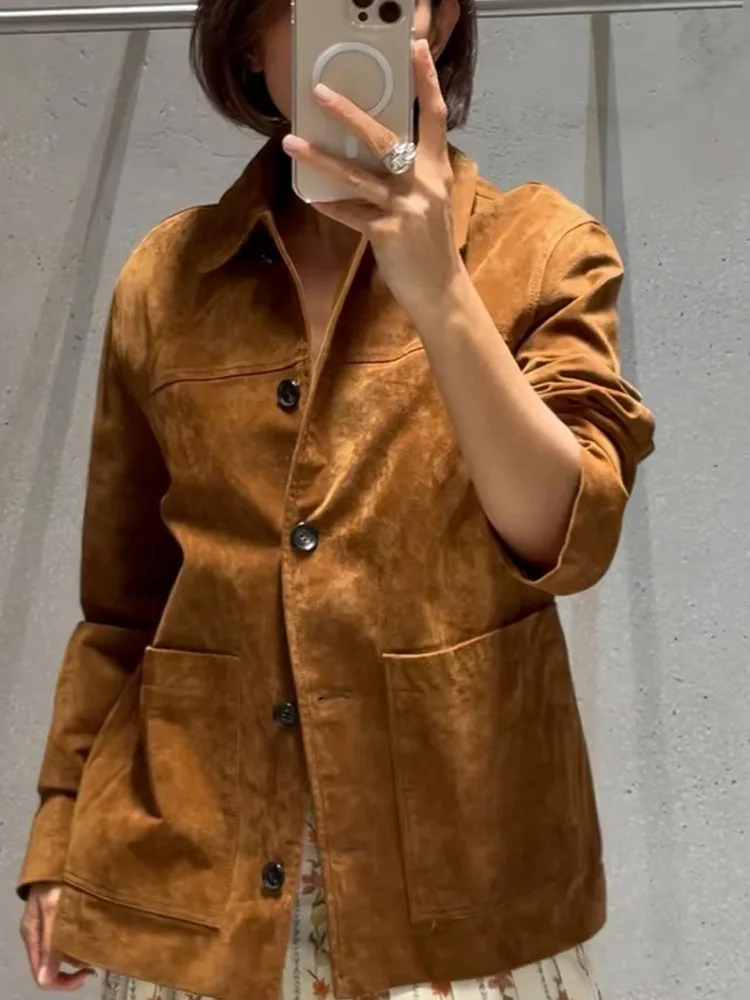HH Women's Autumn Winter Reverse Vintage Lapel Pockets Jacket Female Fashion Versatile High Street Casual Long Sleeve Coat