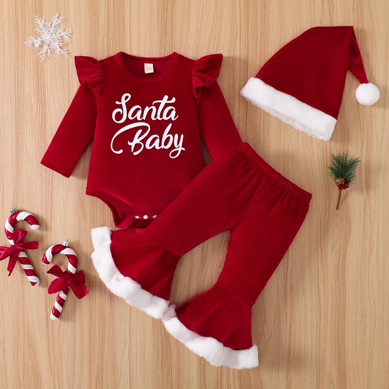 Infant Baby Girl Christmas Romper Set Long Sleeve Round Neck Ruffled Letters Print Jumpsuit Flare Pants Hat Baby Xmas Clothes