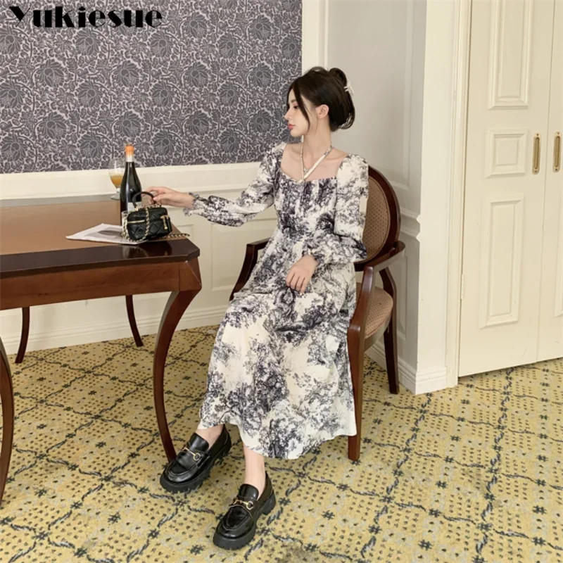 Elegant Square Collar Slim Waist Female A-line Dress Spring Korean Print Dress Vintage Floral Printed Mid-Length Dress Women