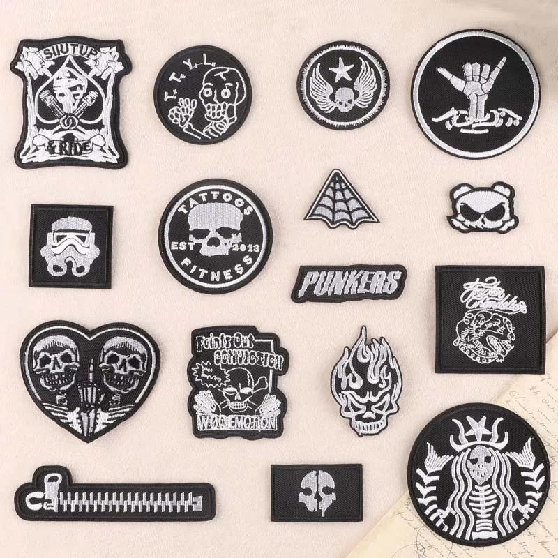 Punk Clothes Iron On Patches,Skull Embroidered Black Applique Badges Heat Transfer Stickers,Designer Patch For T Shirt