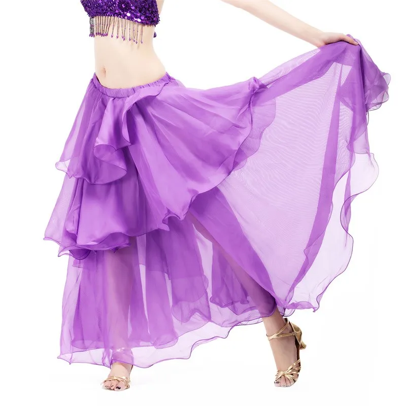 

Women Belly Dance Wear Adult Chiffon Layered Skirt Dancing Costume Dress Gypsy Spanish Flamenco Oriental Practice Clothes Solid