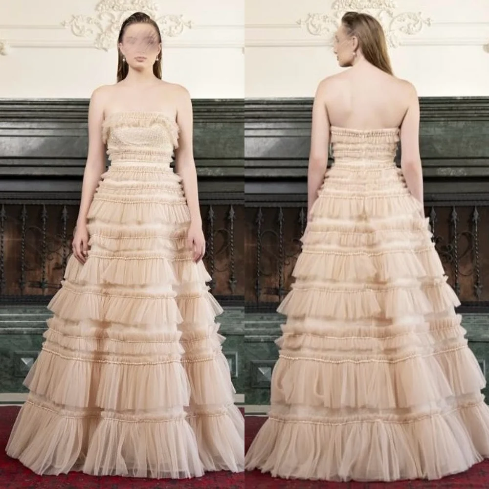 

Customized Net Tiered Beading Pleat Strapless A-line Long Dresses Bespoke Occasion Trend Pageant Women's Evening Party Gown