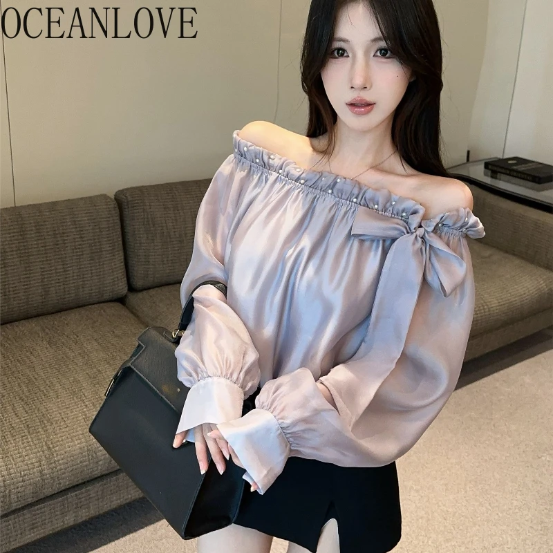 

OCEANLOVE Beading Blouses Ruffles Solid Bows Slash Neck Spring Autumn Woman Shirts Korean Fashion Elegant Sweet Blusas Mujer