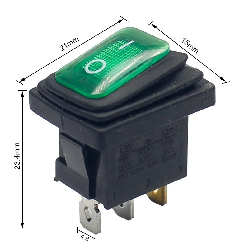 21X15mm Electrical Equipment With GREEN RED BLUE LAMP ON-OFF 3 PIN Power Switch waterproof Rocker Switch