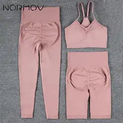 NORMOV-conjuntos de Yoga sin costuras para mujer, Leggings de cintura alta, pantalones cortos, sujetador de realce, trajes de gimnasio, trajes de gimnasio, 2/3 uds.