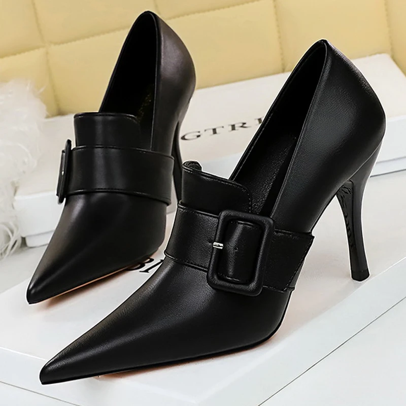 2024 New Pointed Shoes Women Pumps Belt Buckle Decoration High Heels Pu Leather Shoes Female Stilettos Heels Office Career Pumps