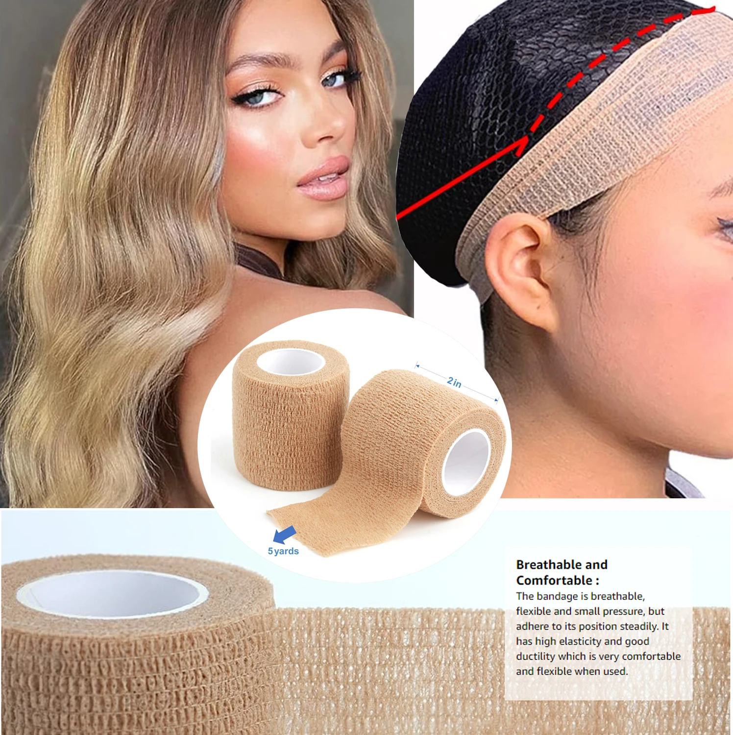 

Самоклеящаяся лента-бинт 2 дюйма x 5 ярдов для фиксации париков, ветеринарная повязка, спортивная лента, лента для тату, лента для фиксации запястья, когезивная лента