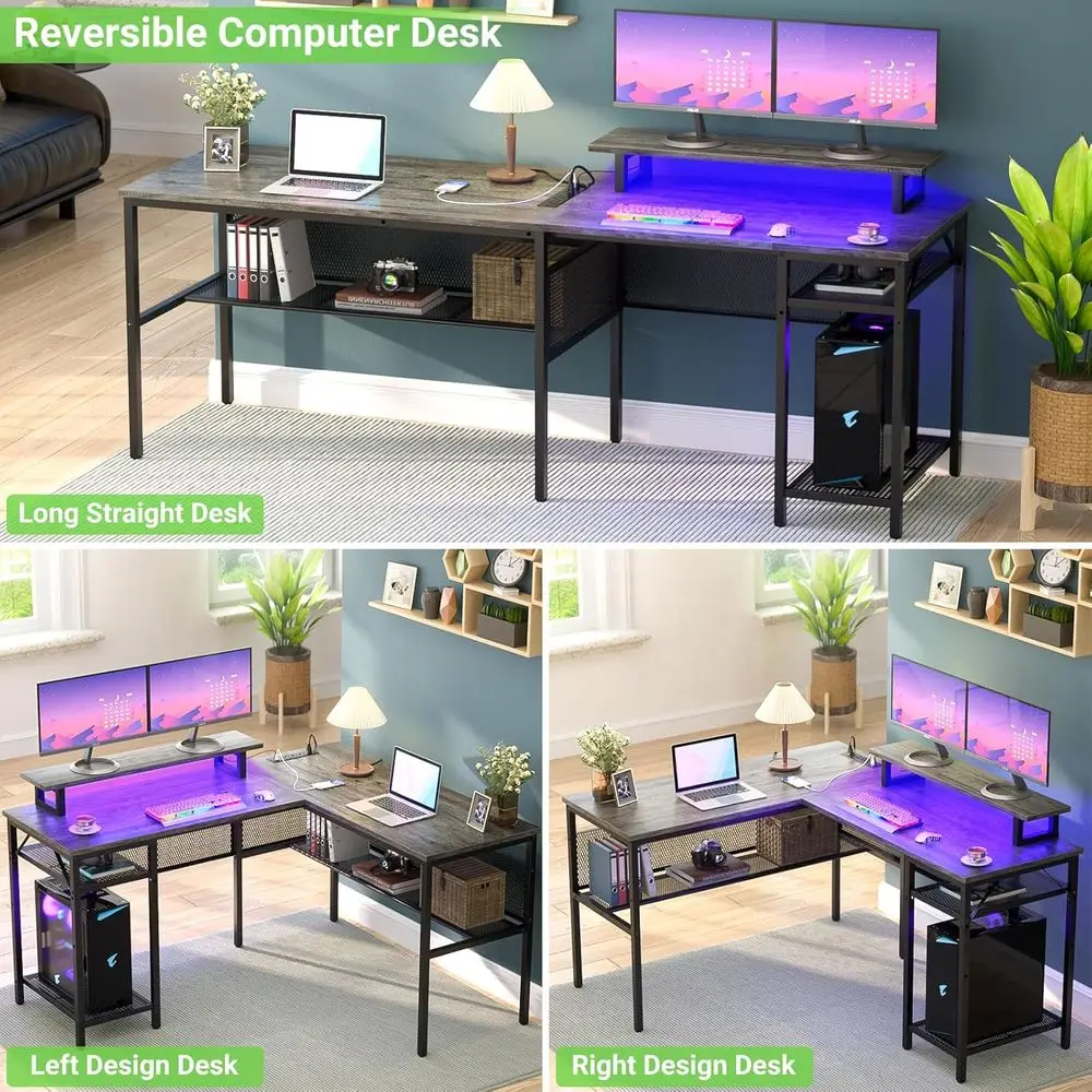 55 Smart LED, Magic Outlet L-Shaped Desk, Reversible Corner Office Gaming Table with Storage, Black Oak