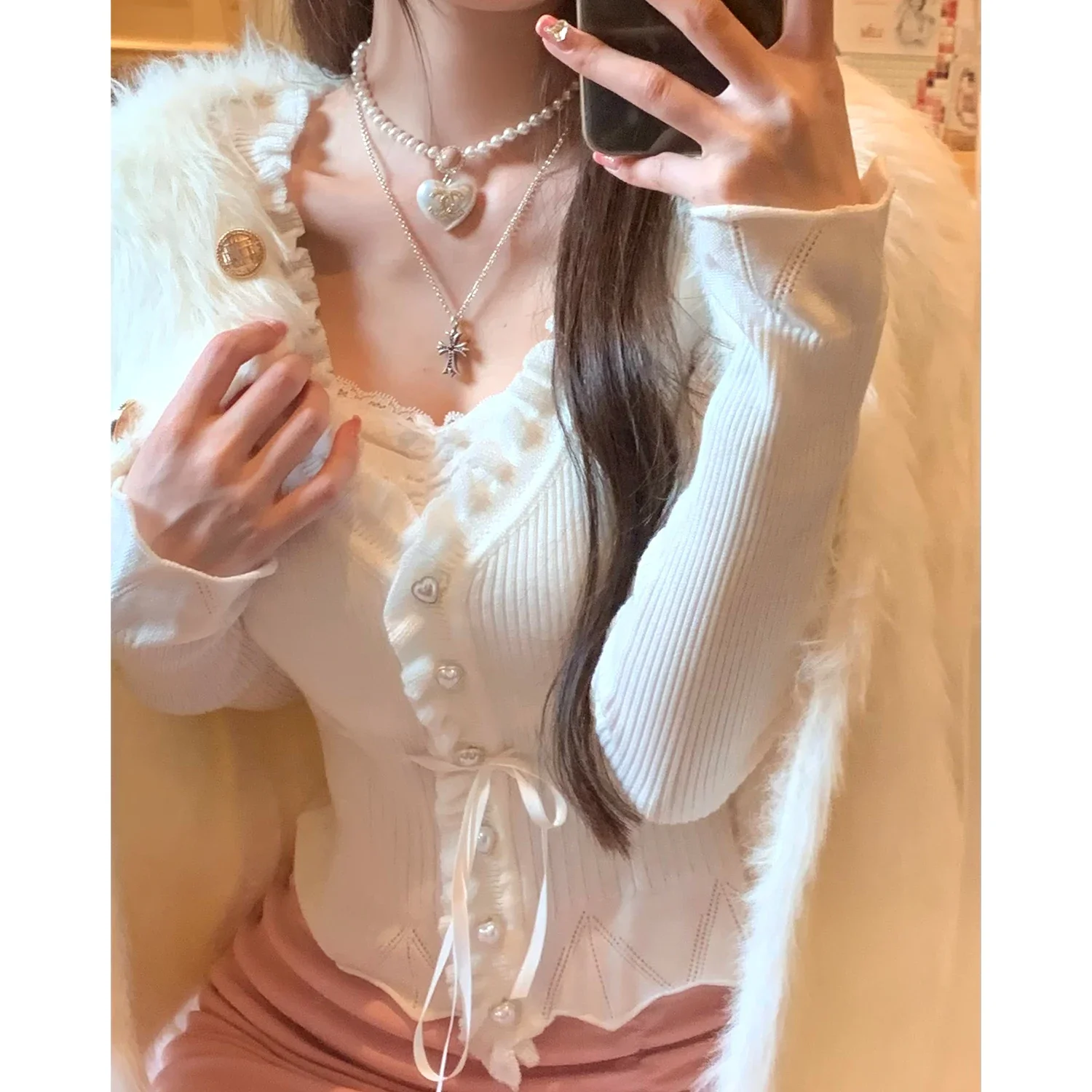 

Cropped Cardigan 2023 Women Clothes Sweet Ruffles White Sueter V-neck Long Sleeve Tunic Pull Femme Drawstring Knit Sweater Tops