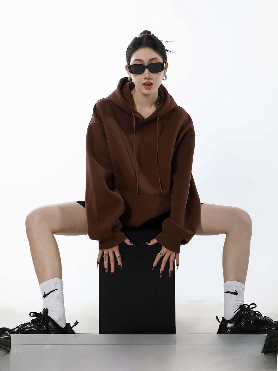 

Loose Fit Hoodie Women's Coffee Color Sweatshirt Spring New Style Casual Pure Color Overhead Jacket Comfortable Streetwear
