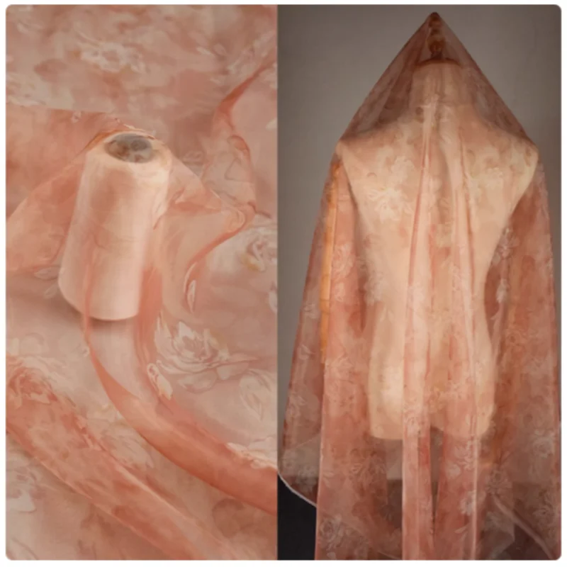 

China Wind Bean Red Big Flower Smudge Organza Chiffon Fabric, Dress, Han Cloth Sewing Tissue, Super Thin, Transparent T2341