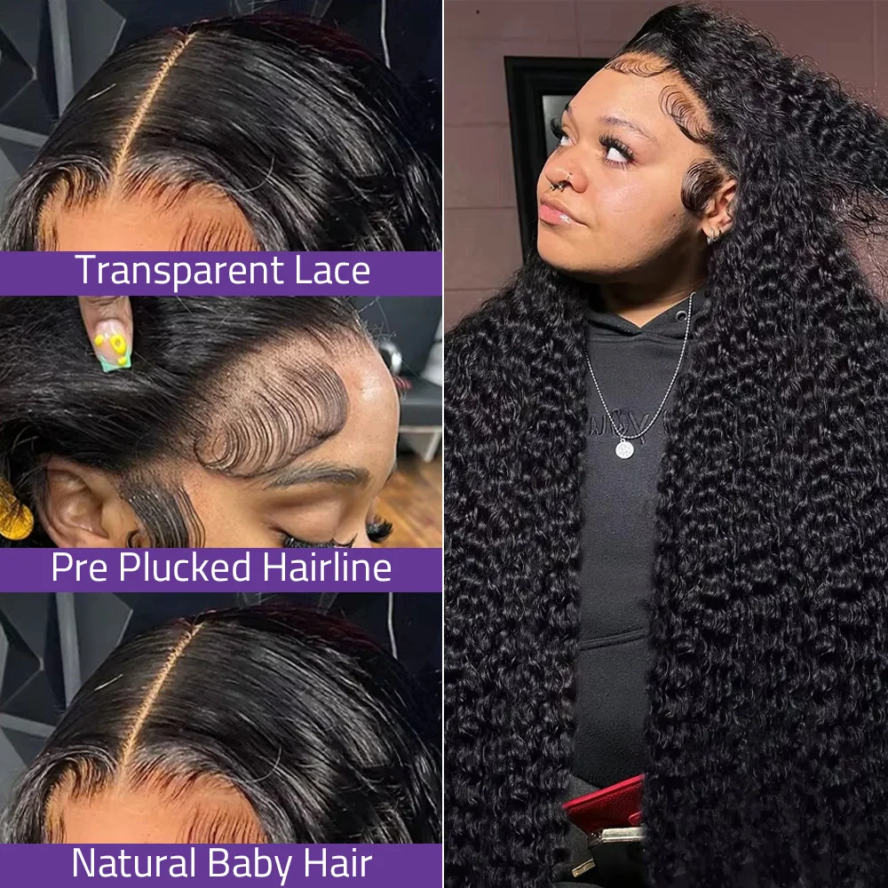 Natural Color 13x6 HD Transparent Lace Front Wig PrePlucked For Women  36 Inch Curly Deep Wave Lace Frontal 100% Human Hair Wigs