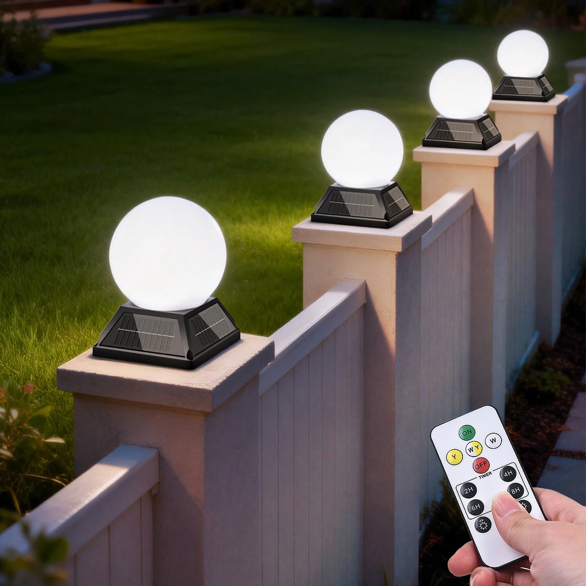Waterproof Solar Ball Post Light Outdoor Garden Pillar Lamp 3 Color Dimmable Night Lighting Remote Control Time Fence Patio Yard
