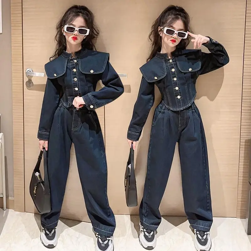 

Children's Girls' Spring Suit 2023 New Kids Fashion Classic Large Polo Denim 2-Piece Set Solid Color Coat Pants 2pc Set LE592