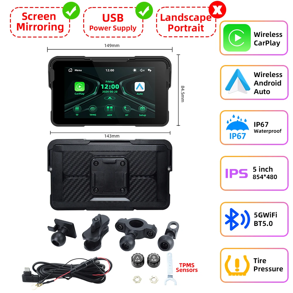 EKIY 5 inch Removeable Navigation Motorcycle IP67 Carplay Display
