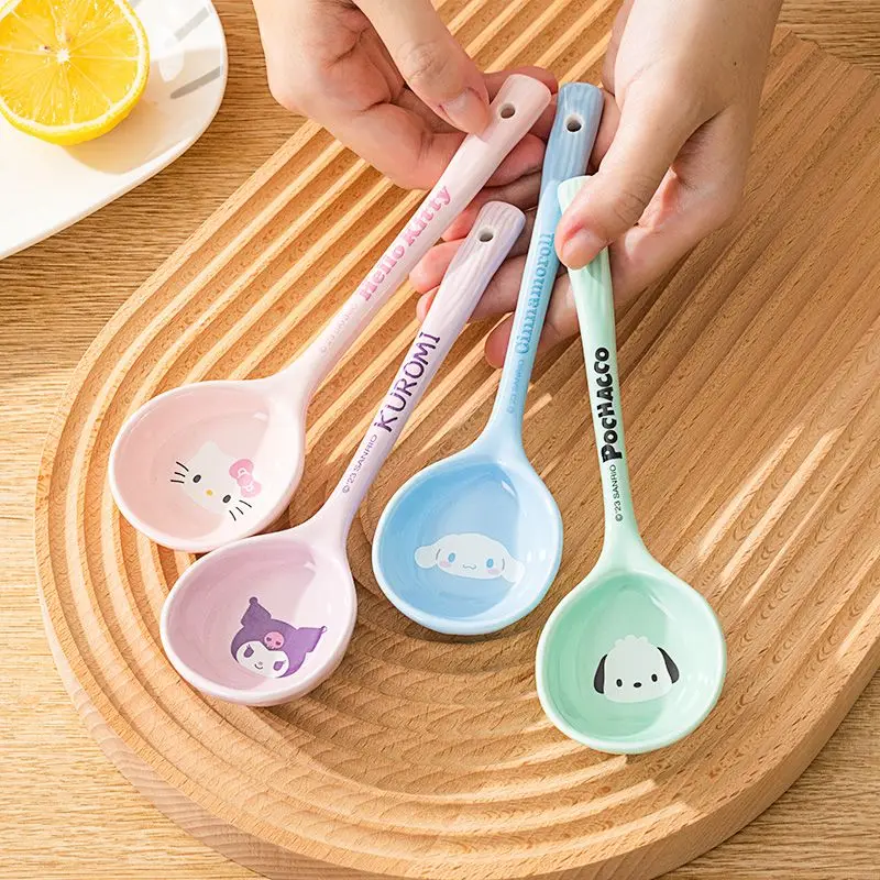 Kawaii Sanrio HelloKitty Kuromi My Melody Ceramic Long Handle Soup Spoon Dessert Spoon Anime Cartoon Cute Holiday Gifts