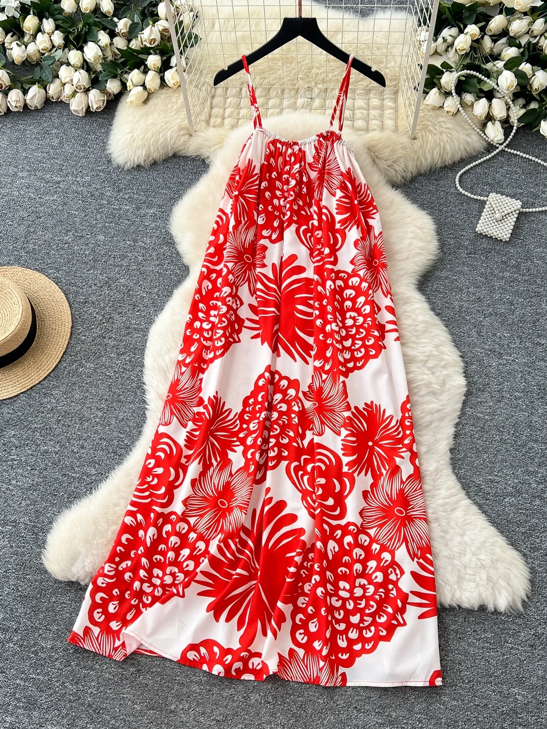 Jupe longue trapèze ample pour femmes, imprimé rétro, bretelles Dr, paresseux, taille haute, ort Sve, Version coréenne, Ci Commute, été