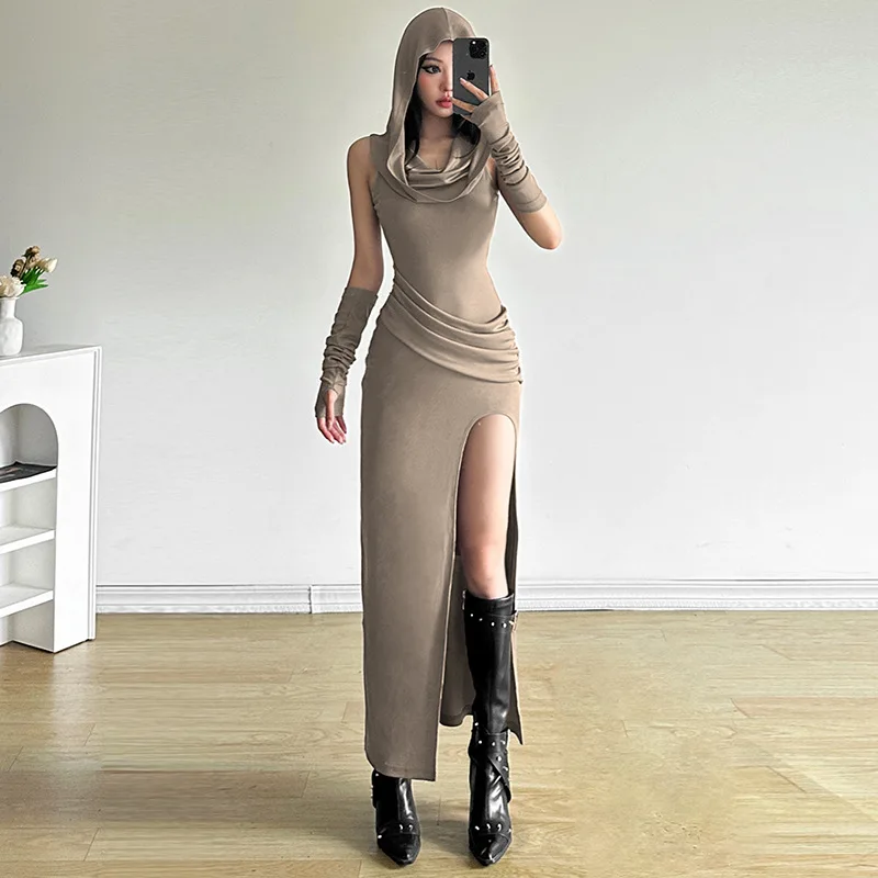 SylCue カジュアルファッション フード付きドレス 女性 スイングカラー ノースリーブ ハイスプリットヘム ストリート エレガント ベーシック クラシック ロング ボディコン