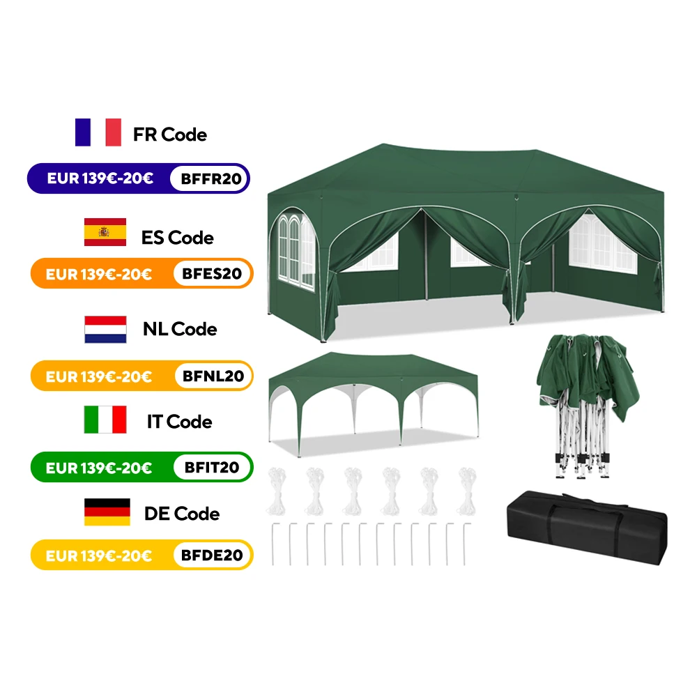 Adjustable Height 3x6m Folding Pavilion Gazebo with 6 Sidewalls Waterproof UV Protection Party Tent with Carry Bag for Picnic