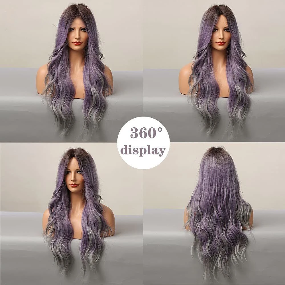 Ombre Purple Long Wavy Hair Women Synthetic Natural Daliy Cosplay Party Wigs