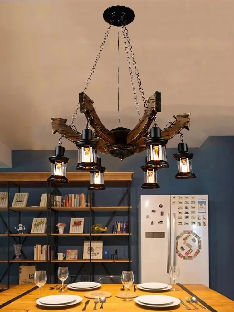 

loft American Industrial Retro Pendent Light Cafe Bar Solid Wood Chandelier Personality Hotel Dining Room Kitchen Lighting